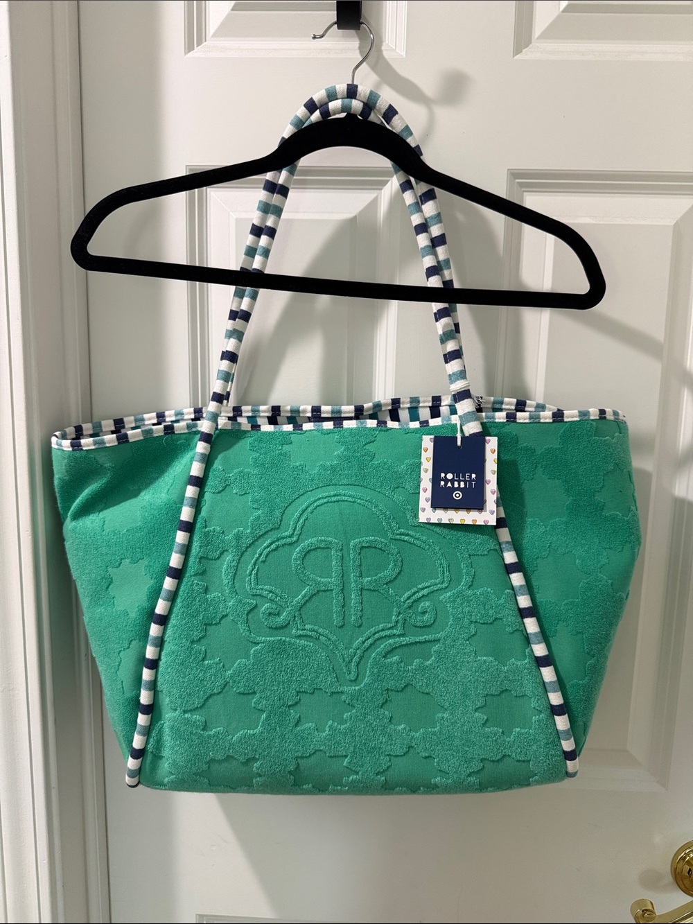 Roller Rabbit Green Embossed Tote with Striped Handles